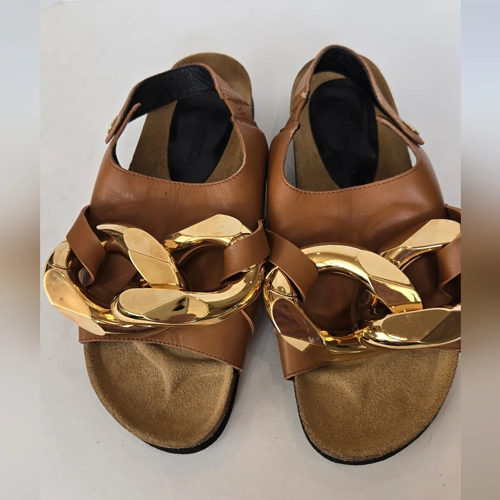 J.W. Anderson Brown Leather Gold Chain - Link Sandals
